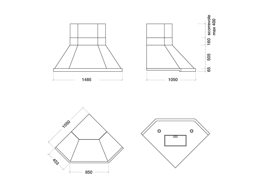 CAPPA CAPRI ANGOLO 105cm 500m³/h PIOMBO COD-CD:CAPRIANGOLO-ER