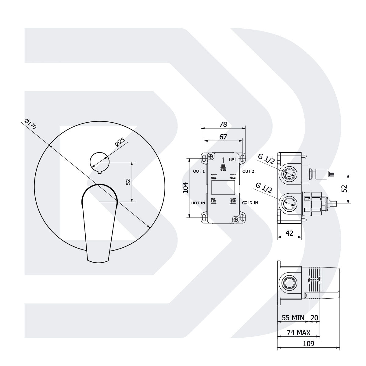 Miscelatore monocomando incasso doccia con deviatore 2 vie manuale  COD:CD-DTRG2202B