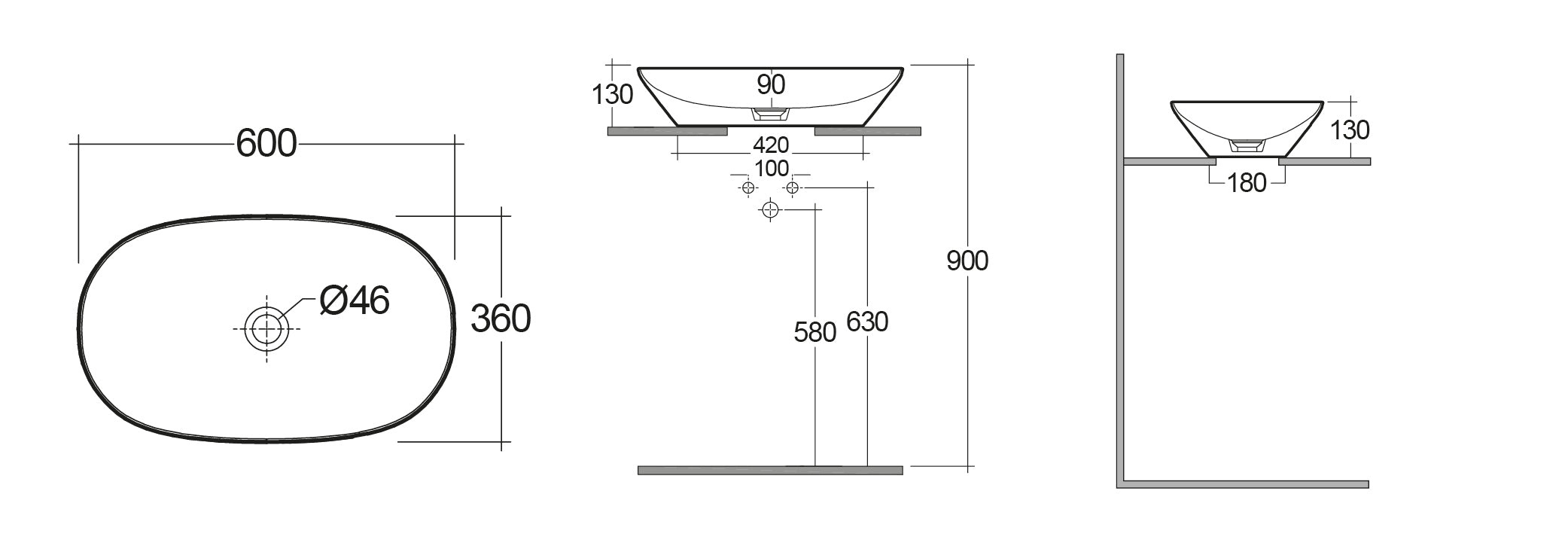 LAVABO DA APPOGGIO OVALE ALLUNGATO (SENZA FORO) VARIANT 60X36 CM COD-CD:185-RNALD