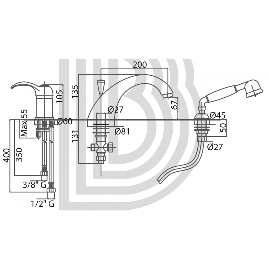 Batteria da bordo vasca miscelatore 3 fori con doccia COD:CD-VCLS2009B
