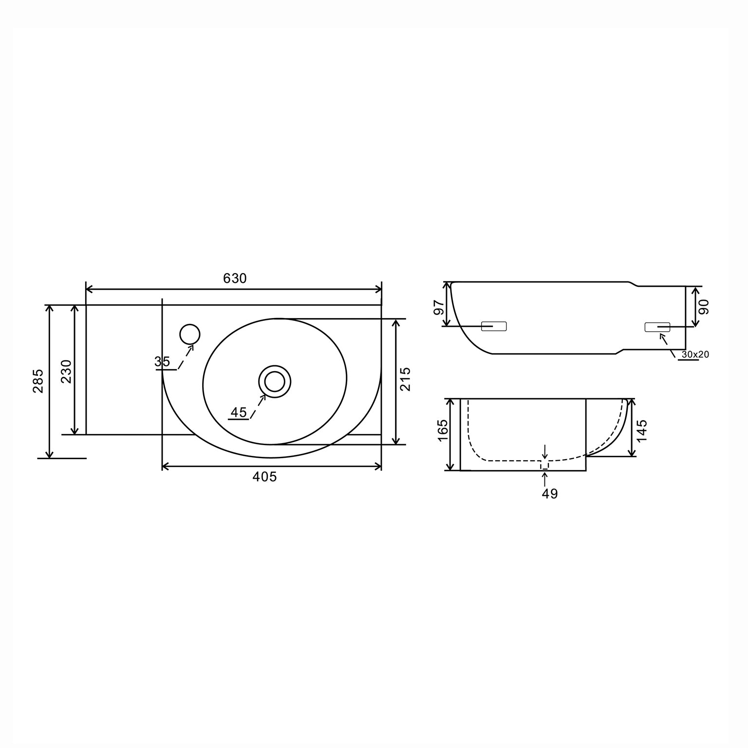 LAVABO A PARETE MOD. LP961 CM 63 x 28.5 185-LP961D
