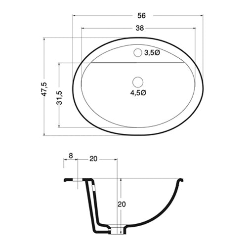 LAVABO SOPRAPIANO CON FORO RUBINETTO CM 57x49 185-LS65D