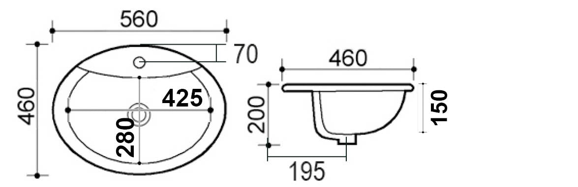 LAVABO SOPRAPIANO CON FORO RUBINETTO LS66 CM 56 X 46 185-LS66D