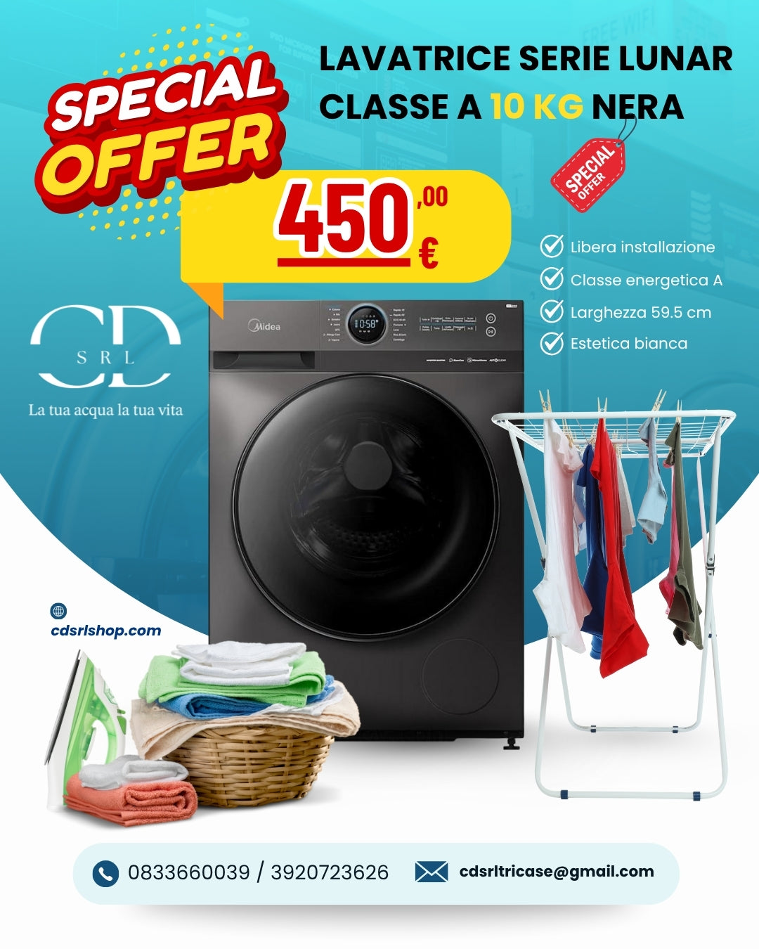 LAVATRICE SERIE LUNAR CLASSE A 10KG NERA COD:CD-MF200W100WBT