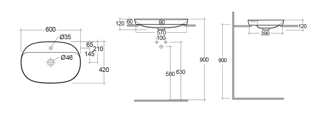 LAVABO AD INCASSO OVALE ALLUNGATO MONOFORO VARIANT 60 X 42 CM COD-CD:185-RNSLFD