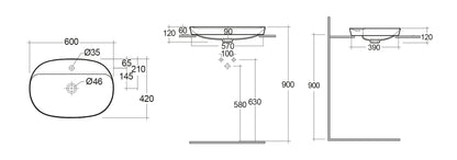 LAVABO AD INCASSO OVALE ALLUNGATO MONOFORO VARIANT 60 X 42 CM COD-CD:185-RNSLFD