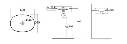 LAVABO AD INCASSO OVALE SENZA FORO VARIANT 50 X 36 CM COD-CD:185-RNSOD