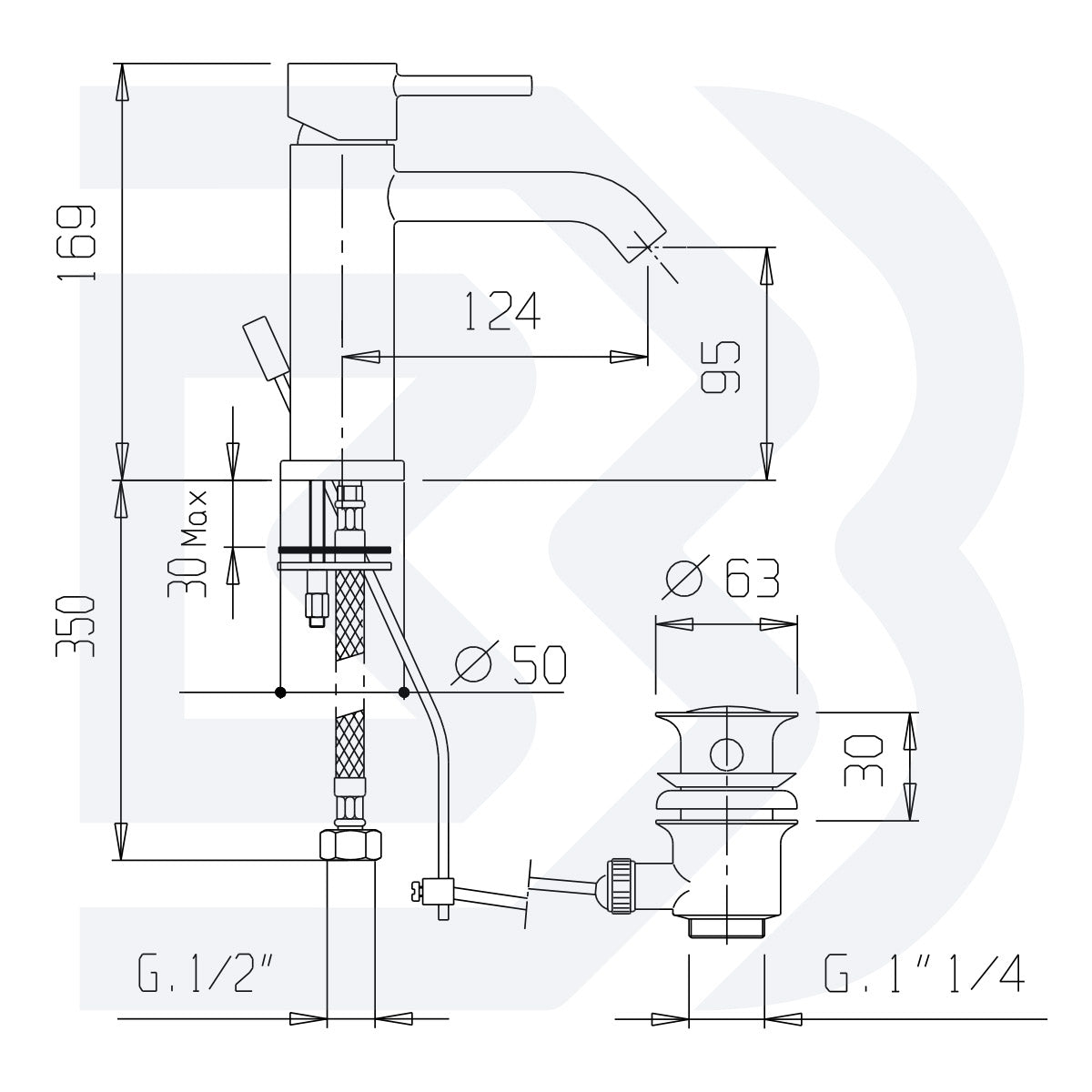 Single lever basin mixer with drain - 1” 1/4” COD: LVBMIN200200
