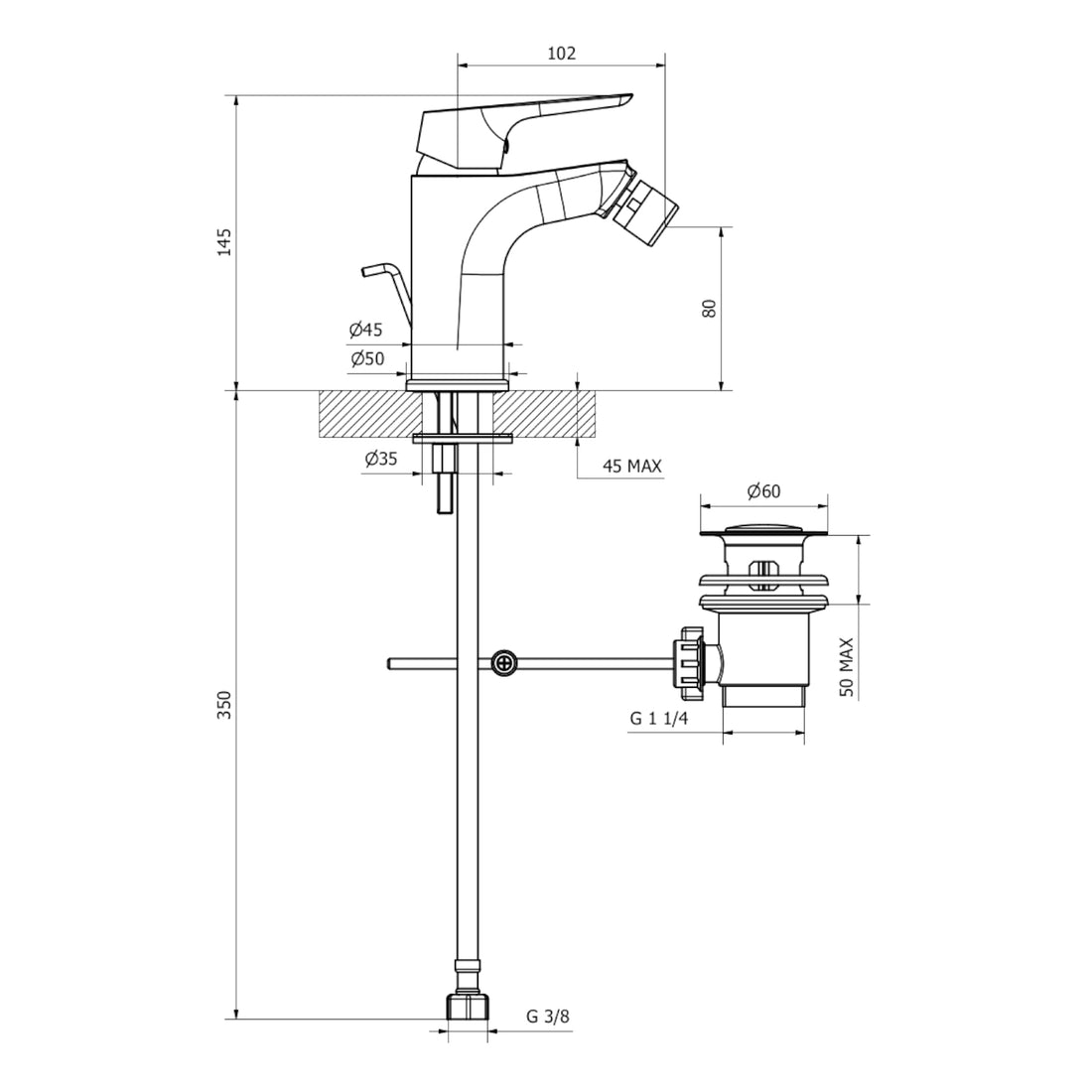 Chrome bidet mixer with traditional drain COD:BIDZEN2003CRM