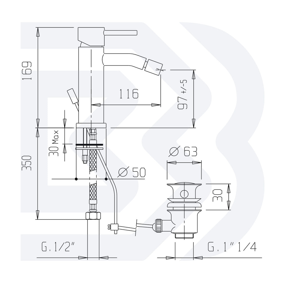 Single lever bidet mixer with waste - 1” 1/4” COD: BIDMIN200300
