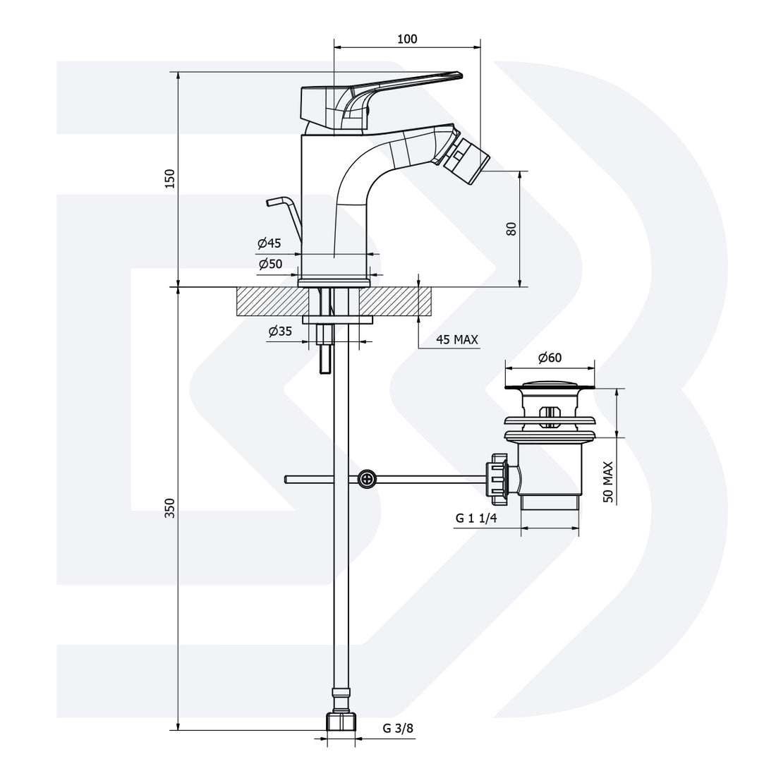 Single lever bidet mixer with drain - 1” 1/4” COD: BIDTRG200300 