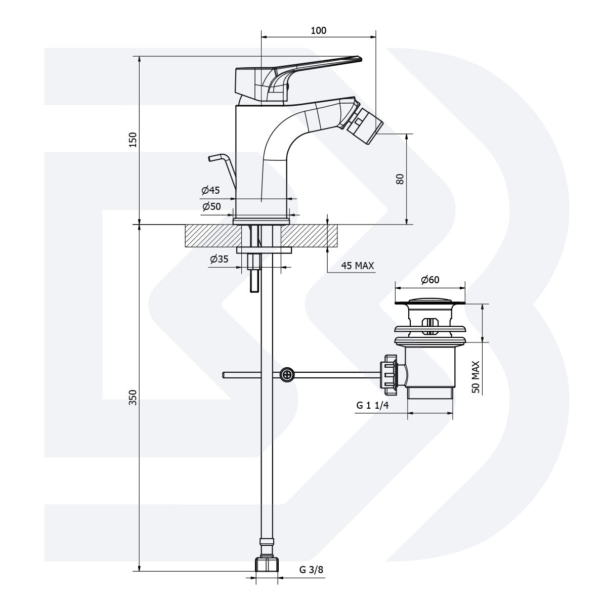 Single lever bidet mixer with drain - 1” 1/4” COD: BIDTRG200300 