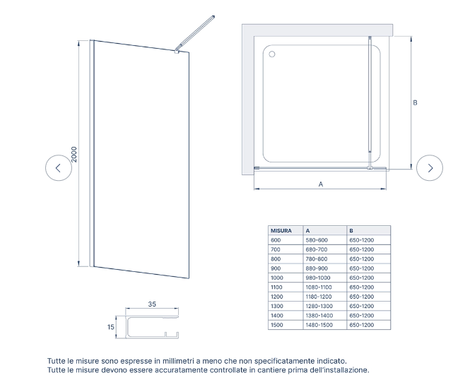 Doccia walk-in 90 cm vetro 8mm anticalcare trasparente h200 profili cromo | Keros COD-CD:BD05KER90-C00P