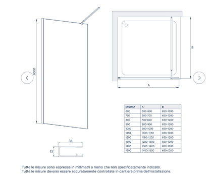 Doccia walk-in 90 cm vetro 8mm anticalcare trasparente h200 profili cromo | Keros COD-CD:BD05KER90-C00P