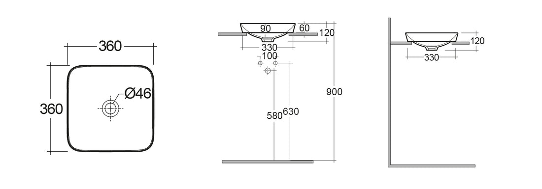 LAVABO DA INCASSO QUADRATO SENZA FORO VARIANT 36X36 CM COD-CD:185-RNSQD