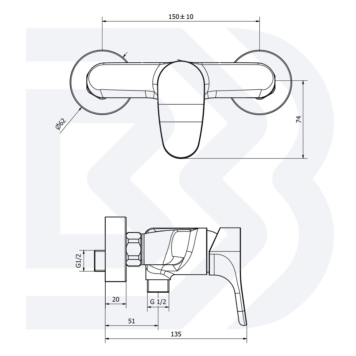 External single-lever shower mixer with 150 cm flexible hose, support and shower COD: ESDTRG200500 