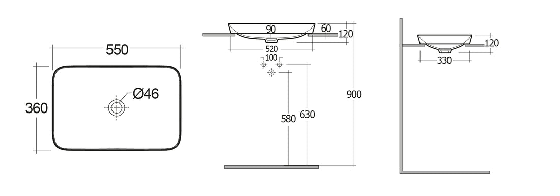 LAVABO AD INCASSO RETTANGOLARE SENZA FORO VARIANT 55 X 36 CM COD-CD:185-RNSRD