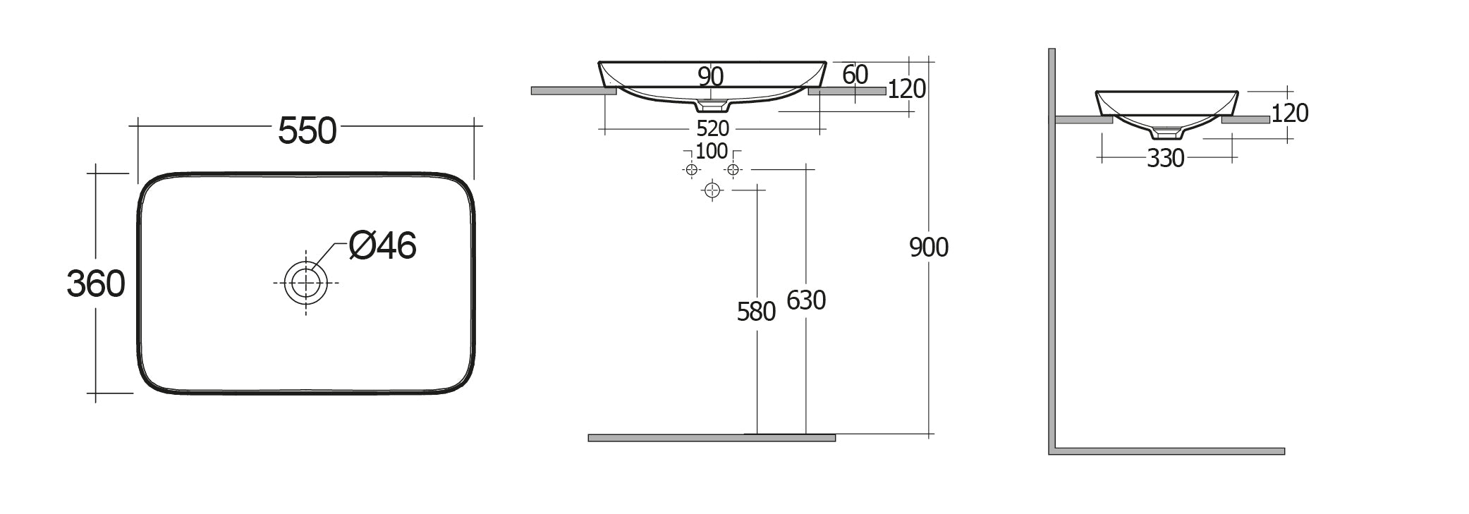 LAVABO AD INCASSO RETTANGOLARE SENZA FORO VARIANT 55 X 36 CM COD-CD:185-RNSRD