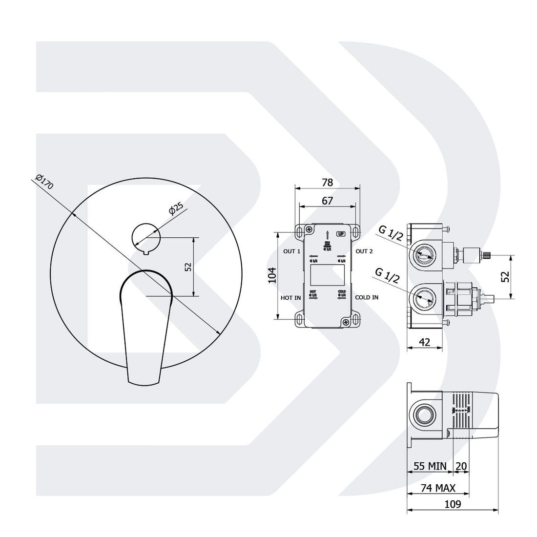 Built-in single-lever shower mixer with manual 2-way diverter COD: INDTRG2202N00 
