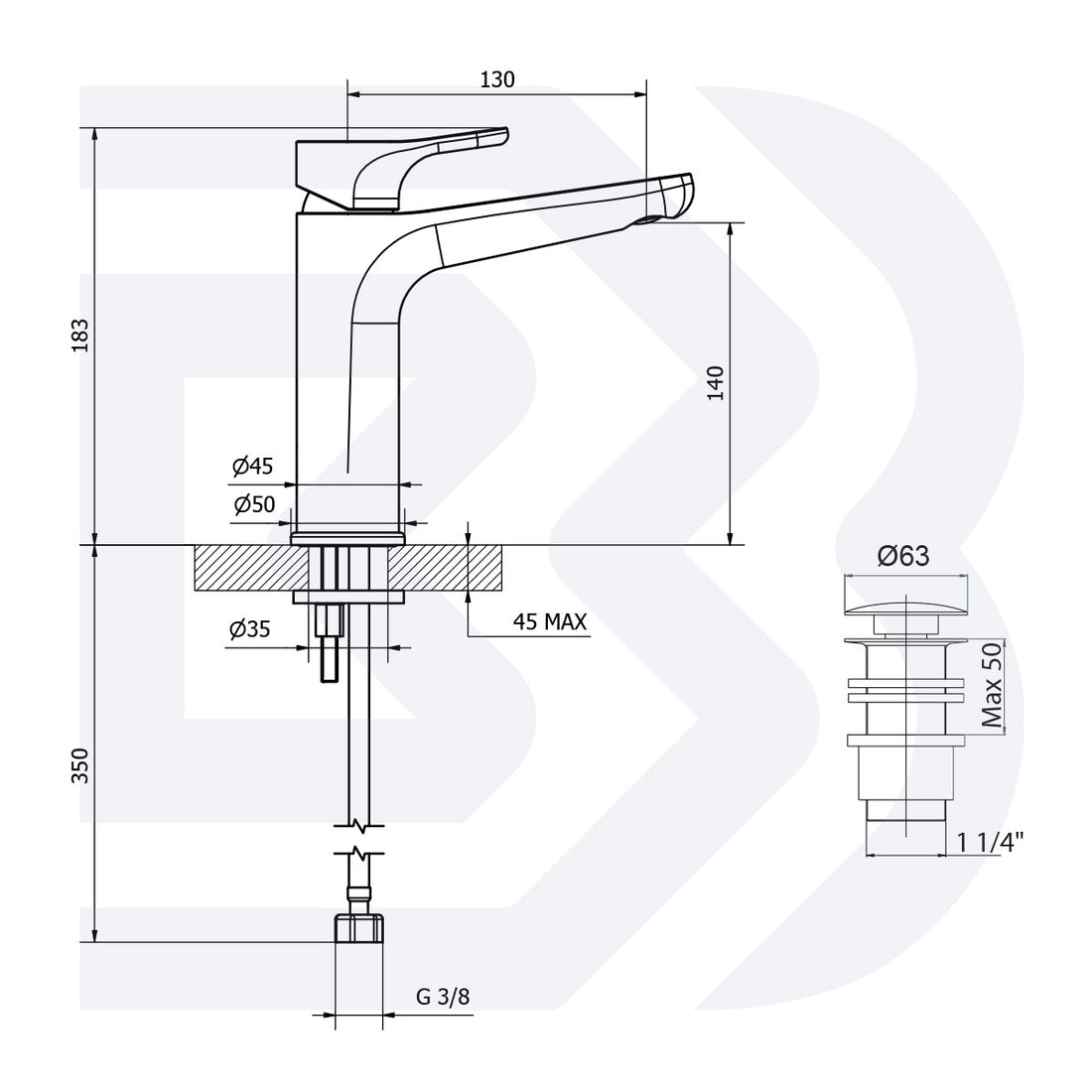 Miscelatore monocomando lavabo medio con bocca lunga e scarico - 1” 1/4” clic-clac COD:CD-TRG2019B