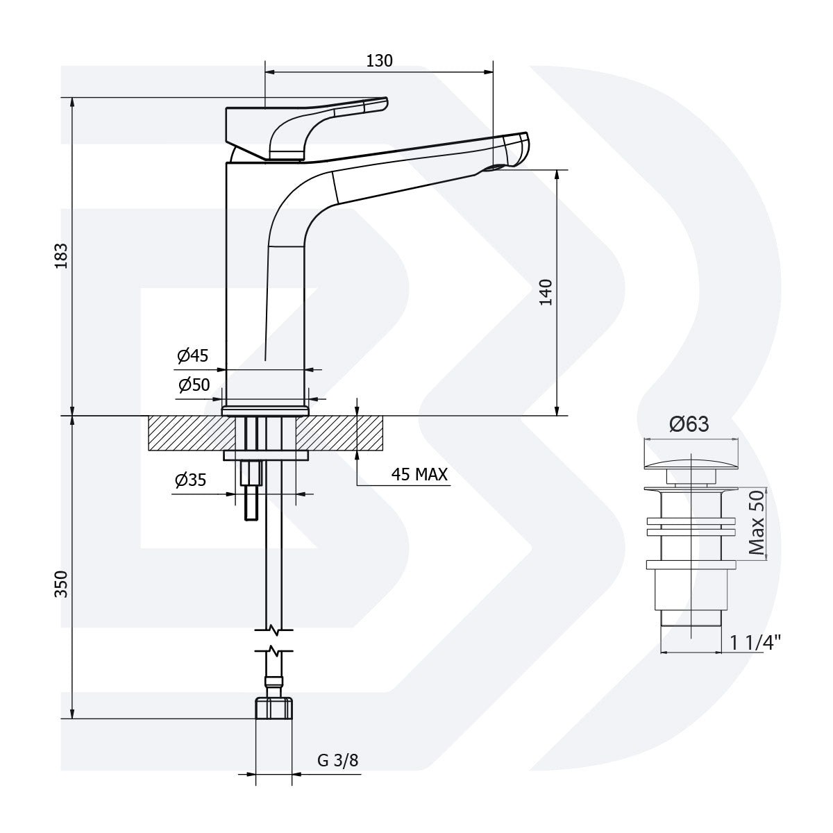 Medium single-lever basin mixer with long spout and drain - 1” 1/4” clic-clac COD: LVBTRG201900 
