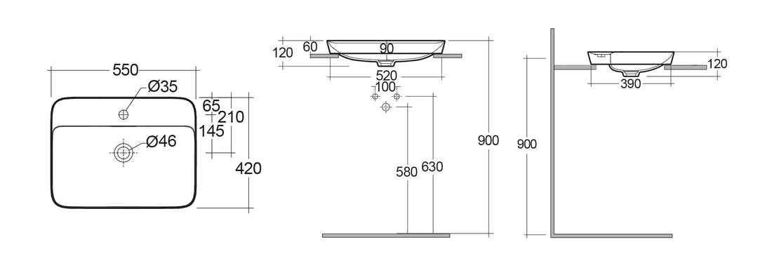LAVABO AD INCASSO RETTANGOLARE MONOFORO VARIANT 55 X 42 CM COD-CD:185-RNSRFD