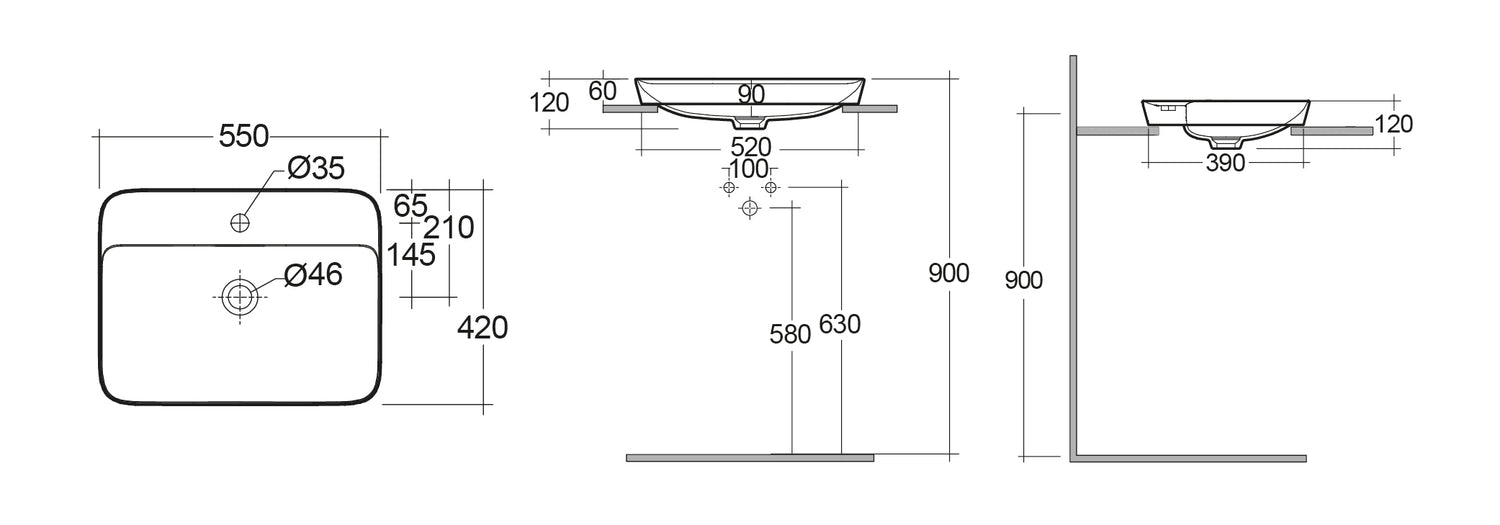 LAVABO AD INCASSO RETTANGOLARE MONOFORO VARIANT 55 X 42 CM COD-CD:185-RNSRFD