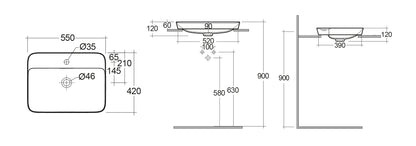 LAVABO AD INCASSO RETTANGOLARE MONOFORO VARIANT 55 X 42 CM COD-CD:185-RNSRFD