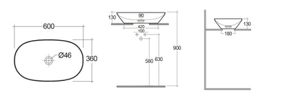LAVABO DA APPOGGIO OVALE ALLUNGATO (SENZA FORO) VARIANT 60X36 CM COD-CD:185-RNALD