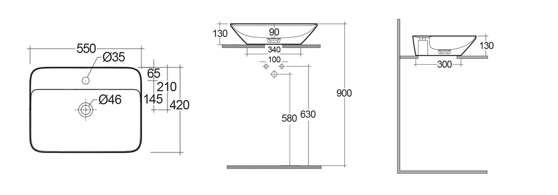LAVABO DA APPOGGIO RETTANGOLARE (MONOFORO) VARIANT 55X42CM CM COD-CD:185-RNARFD