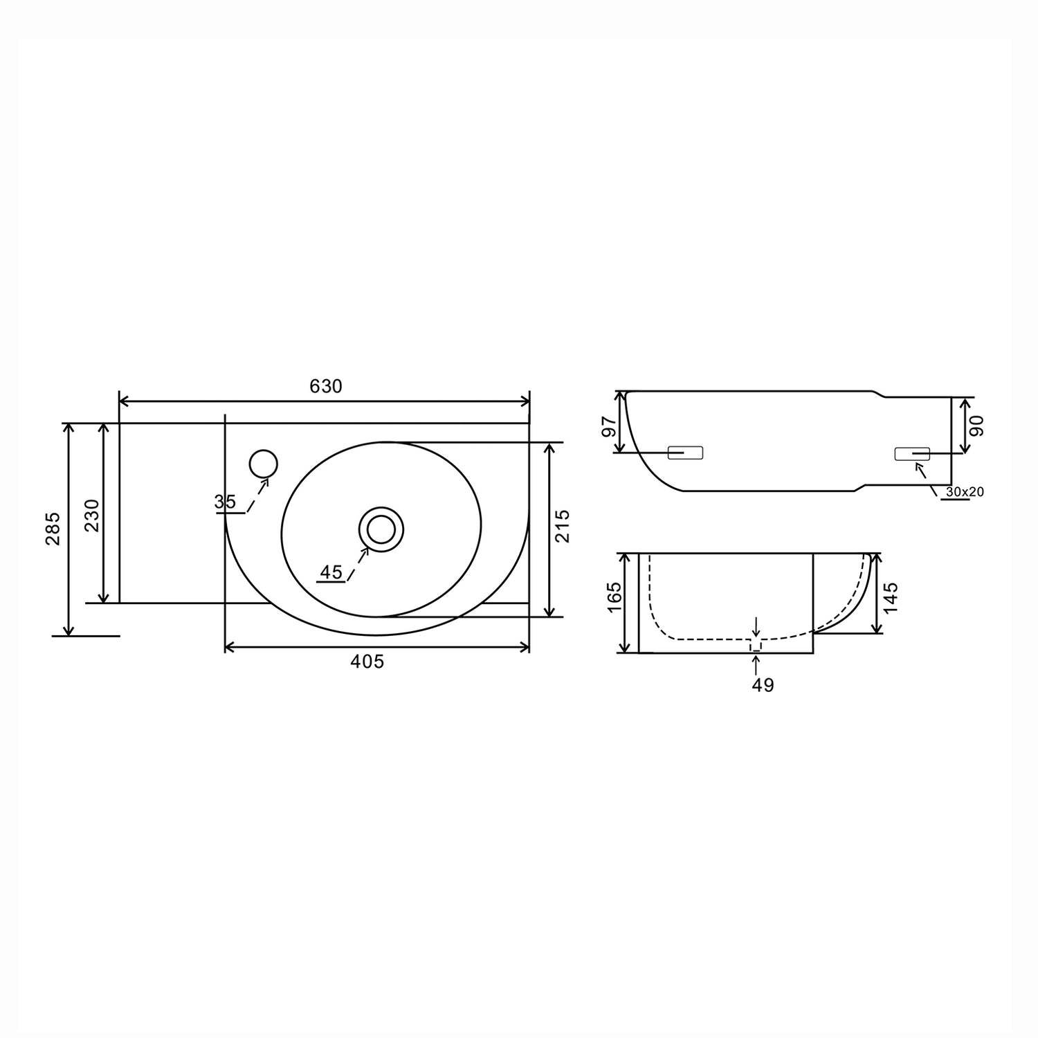 LAVABO A PARETE MOD. LP961 CM 63 x 28.5 185-LP961D